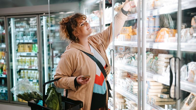 A adult holding a mobile phone and a basket reaches into a supermarket fridge 