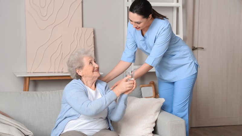 Woman in care home shares water with her carer 