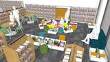 A CGI image of how the new children's section at Folkestone Library will look. There are bookshelves, tables and chairs throughout the room and a colourful rug in the middle of the room 