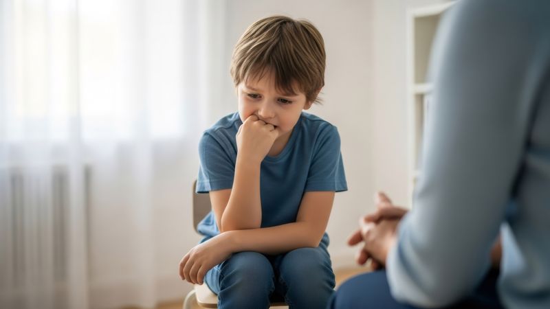 Boy in a blue T-shirt sitting on a chair, looking anxious and biting on his knuckles, while a adult sits nearby