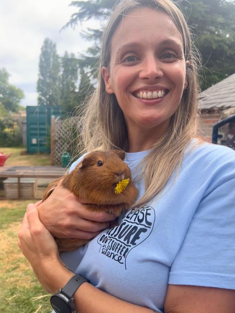 A person outdoors wearing a light blue t-shirt and holding a brown guinea pig that is eating a dandelion