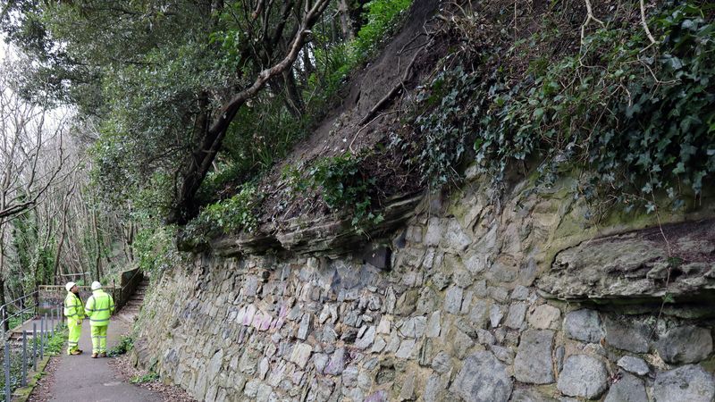 A damaged wall caused by a landslip at the Road of Remembrance in Folkestone