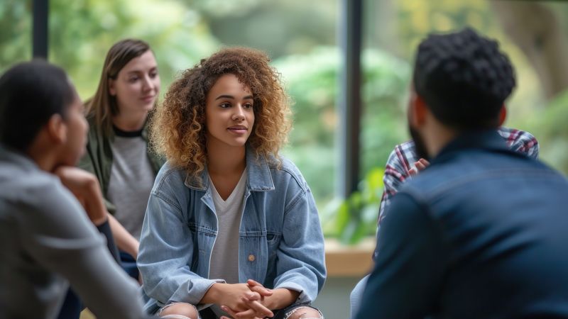 Young people in a support group talk and listen 