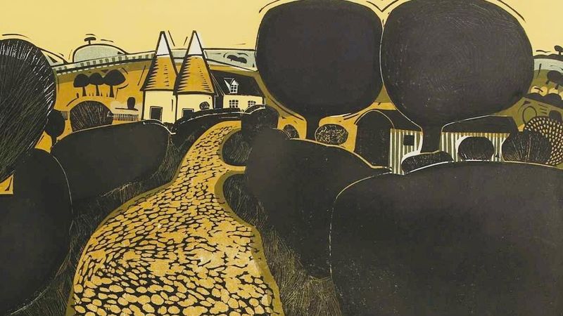 Linocut by Graham Clarke, showing a scene with trees, fields, oast houses and a cobbled road in black and yellow tones