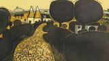 Linocut by Graham Clarke, showing a scene with trees, fields, oast houses and a cobbled road in black and yellow tones