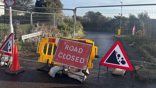 A photo of a road which is fenced off. In the foreground is a big red sign which says ROAD CLOSED.