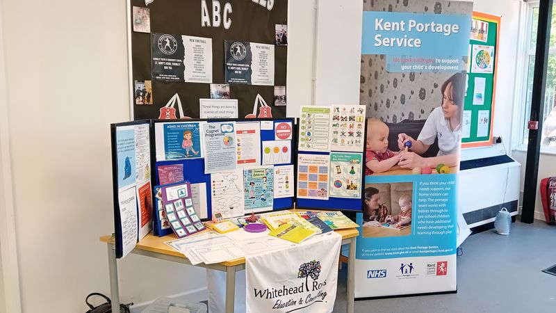 A display board of information from whitehead Ross education and consulting at the SEND Roadshow at the Swanley Family Hub
