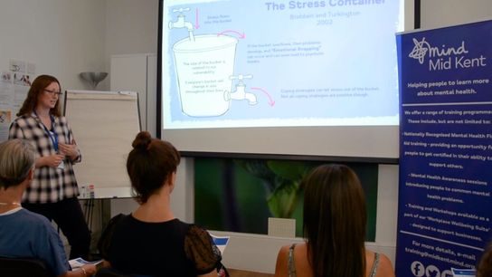 Image of staff trining at the Kent Mental Health Charity Offers Suicide Prevention Training day from Mind Mid Kent. A woman standing in front of a whiteboard showing a presentation to the audience.