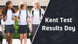 Image of three young female students in uniform holding bags, title wording showing Kent Test Results Day
