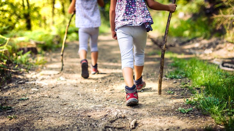 Two young children walking along a woodland footpath surrounded by trees. They are wearing hiking boots and holding large sticks 