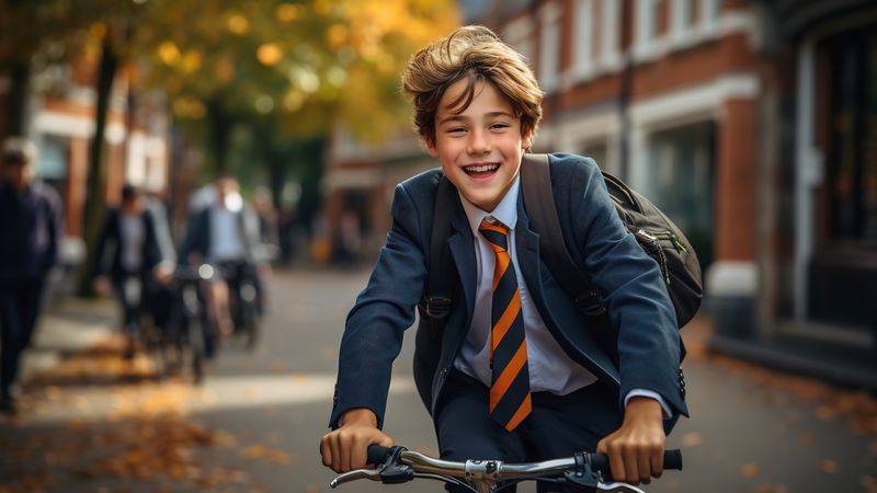 Boy cycling through city centre 