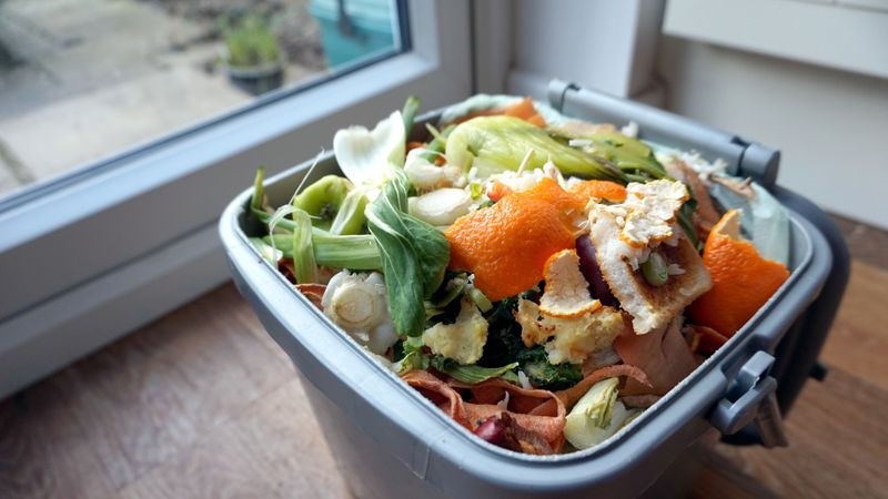 An image of a small grey bin filled with food waste.