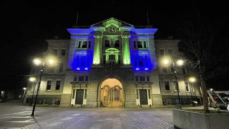 County Hall in Maidstone with a projection of the Ukraine flag presented on the front