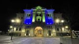 County Hall in Maidstone with a projection of the Ukraine flag presented on the front