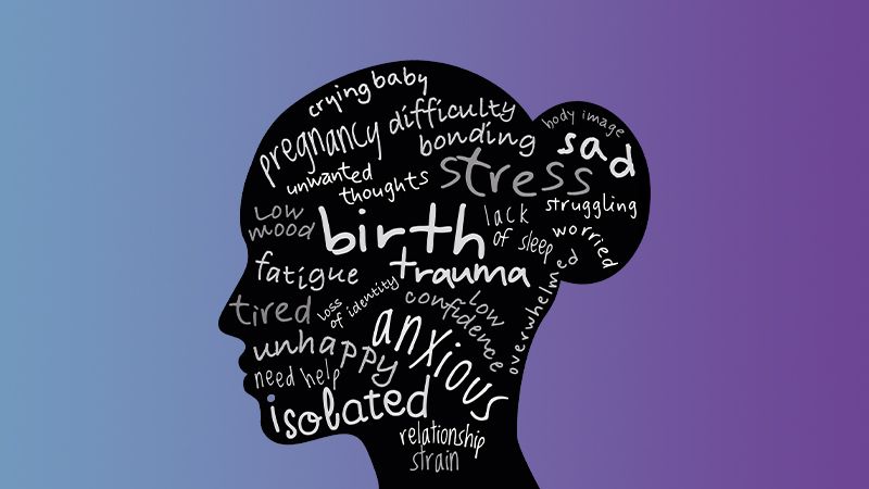 Outline of woman's head full of words describing perinatal mental health