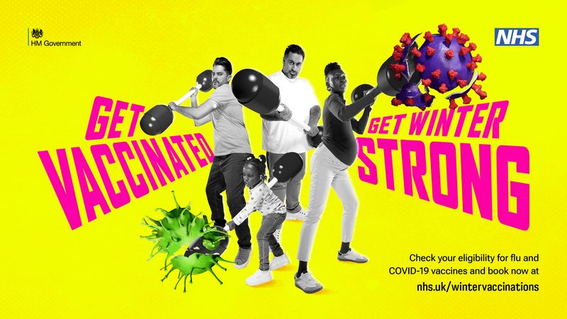 Between the words in black type against a vivid yellow background 'Get Vaccinated' and 'Get Winter Strong', a group of people of mixed ages, including a pregnant woman, fight off viruses. 