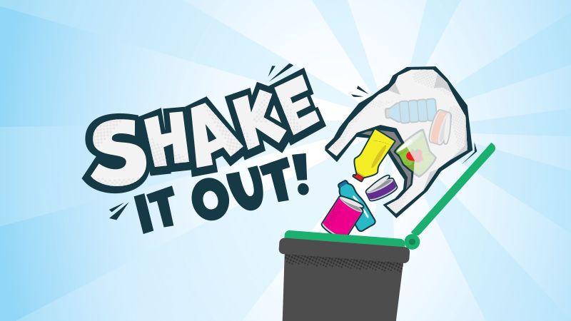A graphic showing the words &ldquo;Shake It Out!&rdquo; next to an illustration of someone emptying a clear bag of mixed recycling&mdash;such as bottles, cans, and cartons&mdash;into an open recycling bin.