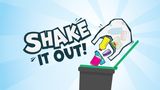 A graphic showing the words &ldquo;Shake It Out!&rdquo; next to an illustration of someone emptying a clear bag of mixed recycling&mdash;such as bottles, cans, and cartons&mdash;into an open recycling bin.