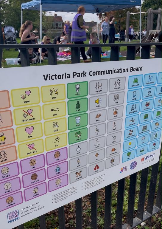 An image of a communication board. It has colours and symbols.