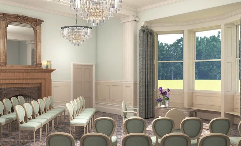 An artist impression of the Oakwood House large ceremony room.   The room is light green interior, with a large number of green to beige chairs all facing the bay windows where the registration will take place. On the main wall is a fireplace with large mirror and above are two sparkly grand chandeliers. 