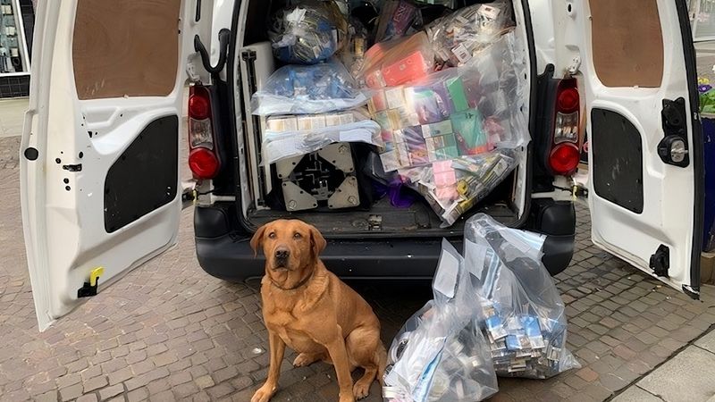 Cooper a trained tobacco detection dog sits in front of the open back of a van full of evidence bags containing illegal cigarettes and vapes