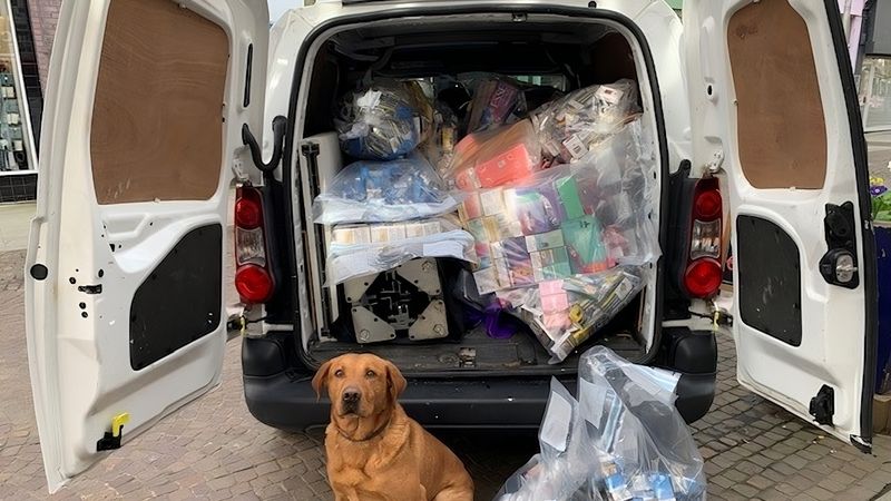 Cooper a trained tobacco detection dog sits in front of the open back of a van full of evidence bags containing illegal cigarettes and vapes