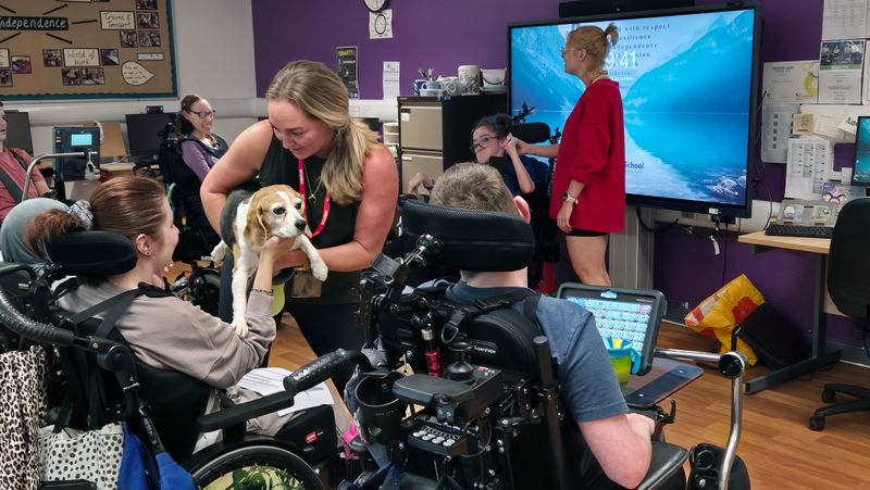 SEND pupils in a classroom meeting a dog named Poppy. A lady with blonde hair is holding Poppy and presenting her to pupils to stoke. 