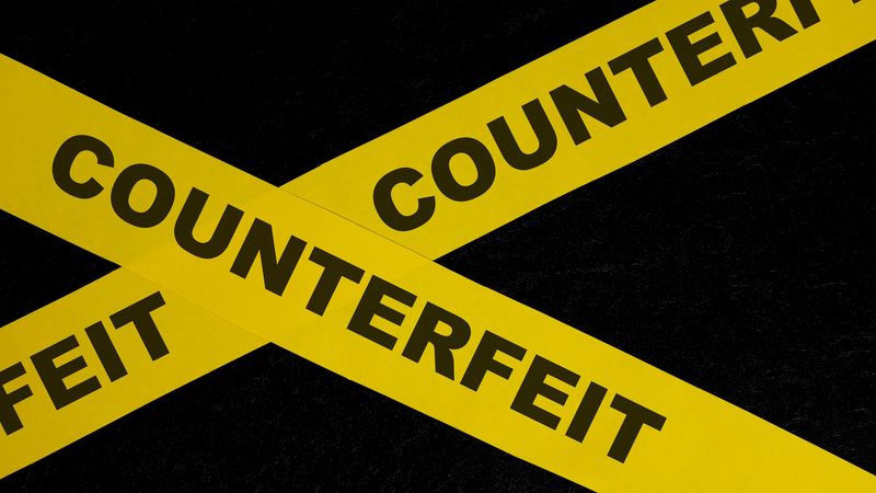 Cross of yellow ticker tape with word 'counterfeit' on it against black background
