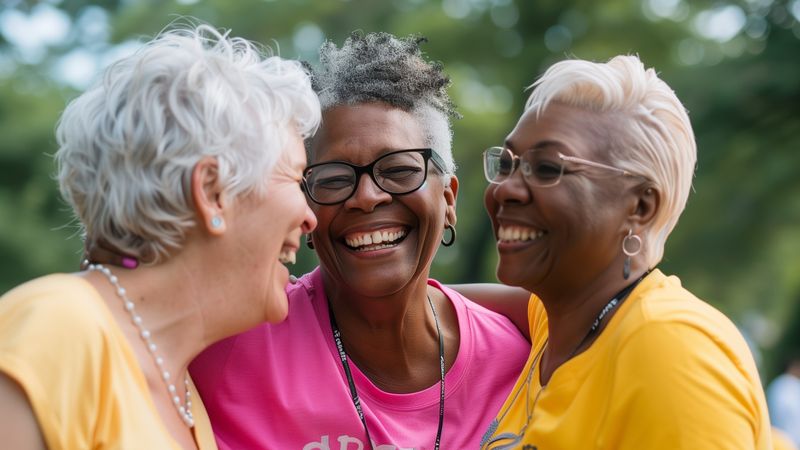 Three mature women in sports clothing laughing