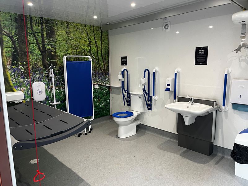 Interior of a Changing Places toilet showing a height‑adjustable changing bench, ceiling hoist, accessible toilet, grab rails and sink, with a woodland mural on the wall.