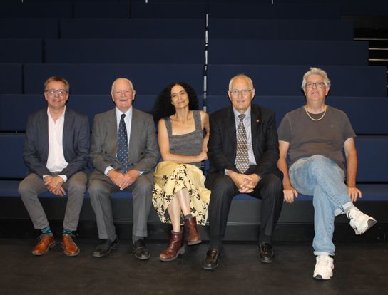 Peter Bolton, Mike Hill, Jasmin Vardimon, Geoff Miles and Ian Ross, the executive director of the dance company, sitting together in a line inside the auditorium