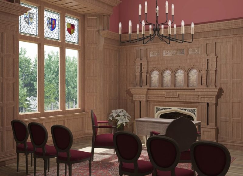 An artist impression of the Oakwood House small ceremony room.   The room is red and wood interior, with a small number of red to dark wood chairs all facing a wooden fireplace where the registration will take place. On the main wall is a fireplace with large candle based chandliers. To the left is a large window with three crests on the top.