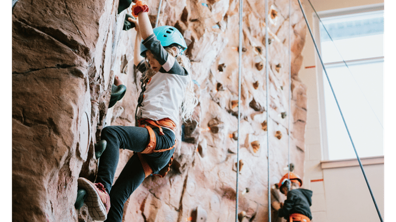 Two children in safety harnesses using a climbing wall