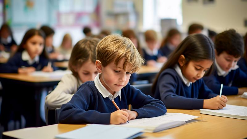 A group of primary school children are sat at their desks working