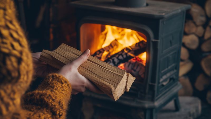 A hand stretches out to put another log onto a roaring wood-burning fire